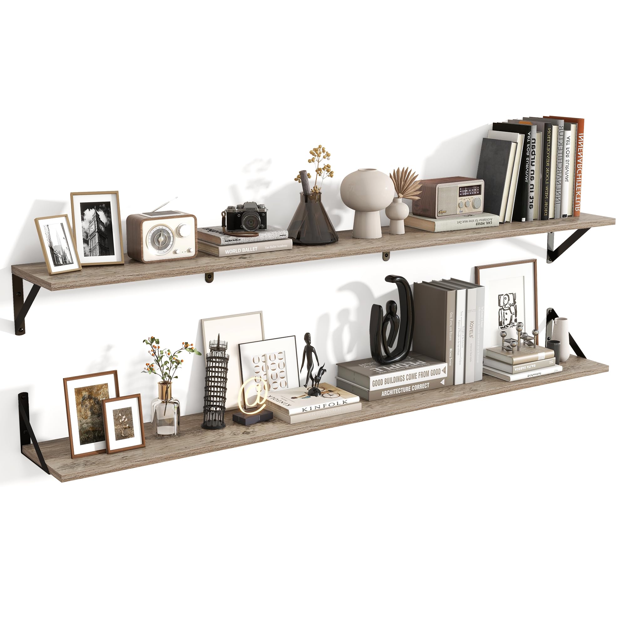 Axeman Floating Shelves for Wall 55 Inches Long | 55W x 8D Rustic Grey Wood Floating Shelves Set of 2 | 8" Deep Wall Shelves for Bathroom Kitchen Living Room | Bookshelf Display Shelves - Grey