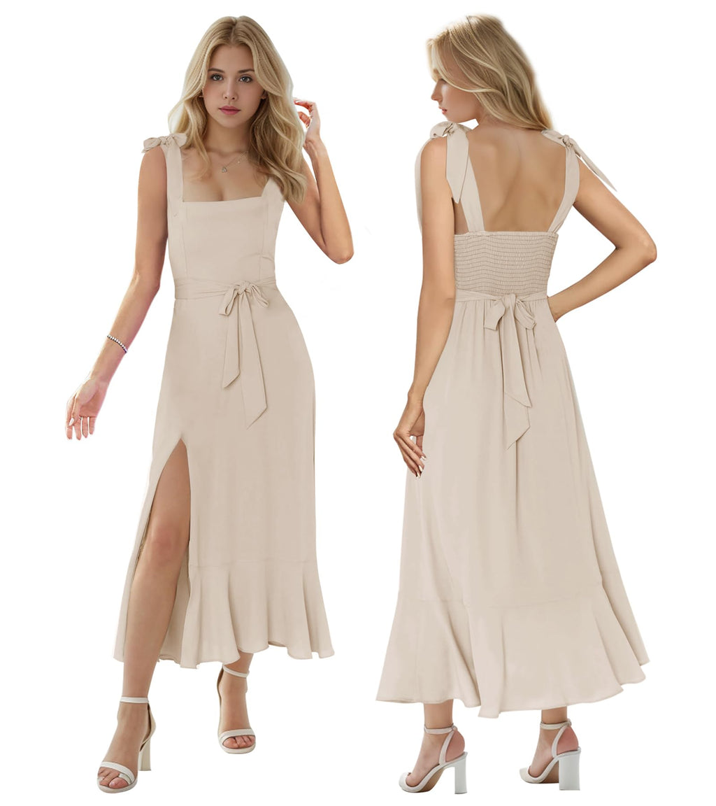 MllesReve Women Summer Graduation Dresses Tea Length Slit Ruffle Ladies Prom Dresses Smocked Dresses Birthday Party Dress L Champagne