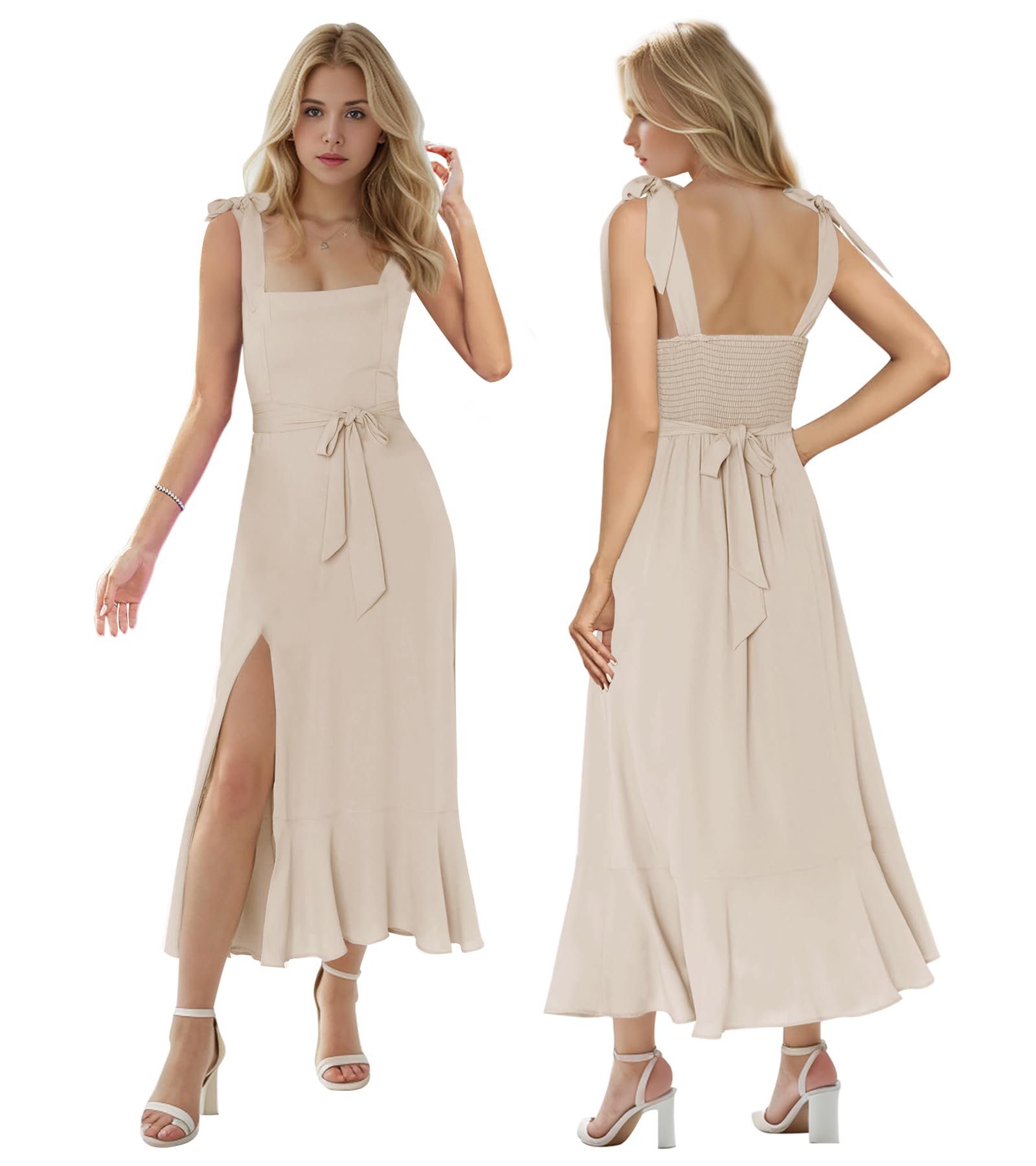 MllesReve Women Summer Graduation Dresses Tea Length Slit Ruffle Ladies Prom Dresses Smocked Dresses Birthday Party Dress L Champagne