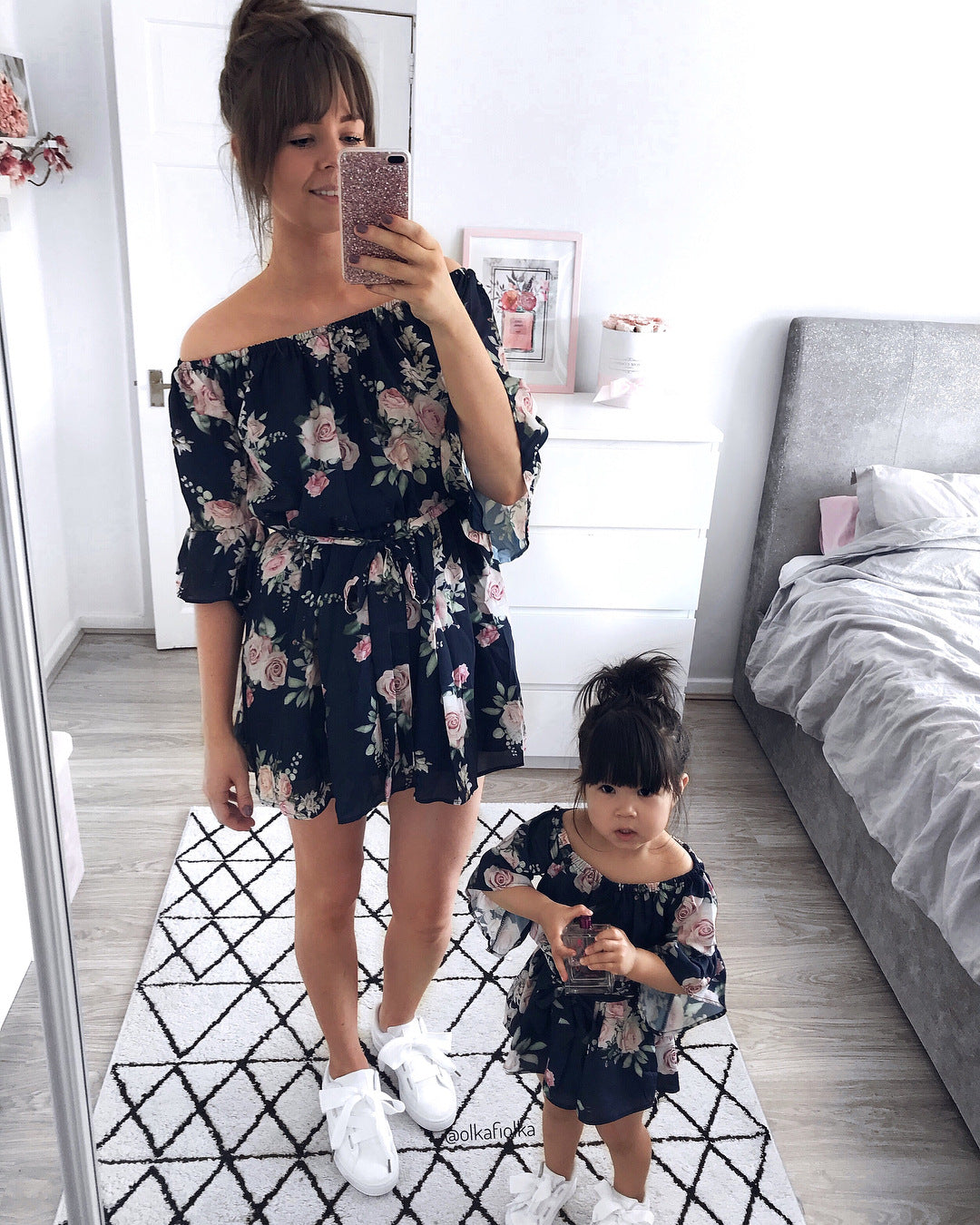 Digital Print Matching Family Dresses with Belt