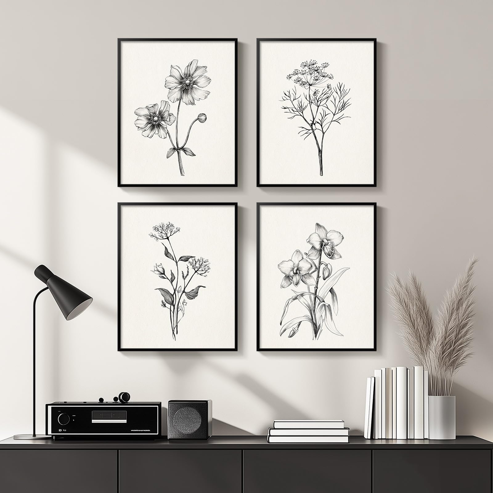 Framed Black and White Floral Wall Art Set of 4 Piece Vintage Rustic Botanical Canvas Paintings Artwork for Walls Minimalist Flower Art Prints Pictures for Living Room Bedroom Kitchen Bathroom Wall Decor 11x14 Inch