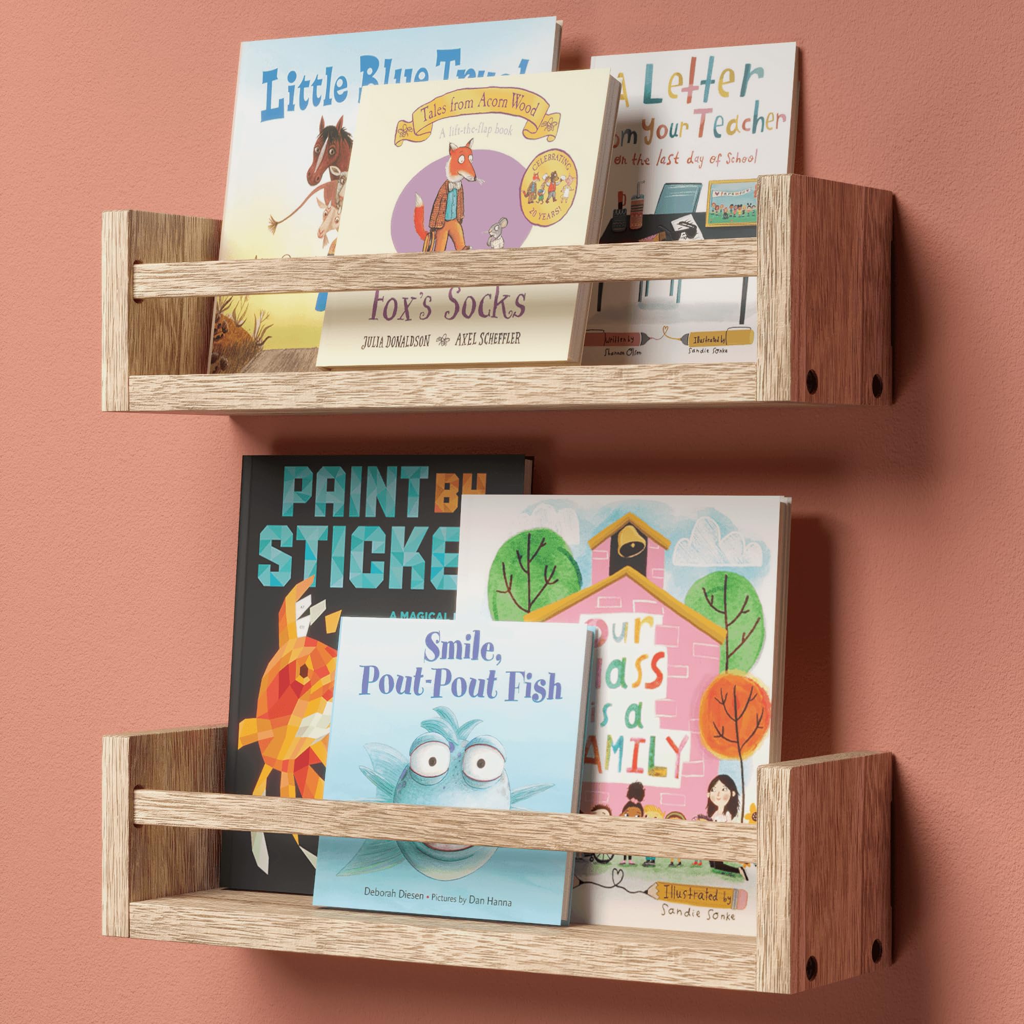 Boswillon 15 Inches Nursery Bookshelves Floating Kids Bookshelves for Wall Set of 2 Baby Room Wall Decor Wall Mounted Wood Shelves for Books Toys and Wall Storage - Rustic Brown