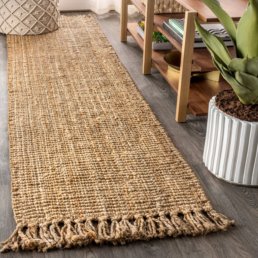 JONATHAN Y NRF103A-210 Pata Hand Woven Chunky Jute with Fringe Natural 2 ft. x 10 ft. Runner Rug Rustic Vintage Industrial Perfect for Bedroom Living Room Kitchen