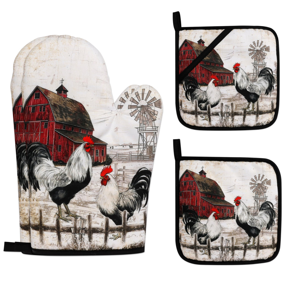 Rooster Print Oven Mitts and Pot Holders Sets of 4 Rustic Chicken Kitchen Mitts Potholders Heat Resistant Farmhouse Cute Oven Gloves Hot Pads for Chicken Kitchen Decor