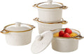 ONEMORE Ramekins with Lids 12 oz Ceramic Small Casserole Dish with Handles & Brown Rim for Baking Soup Speckled Oven Safe Mini Dutch Oven Rustic Cocotte Set of 4 for Individual Serving Creamy White