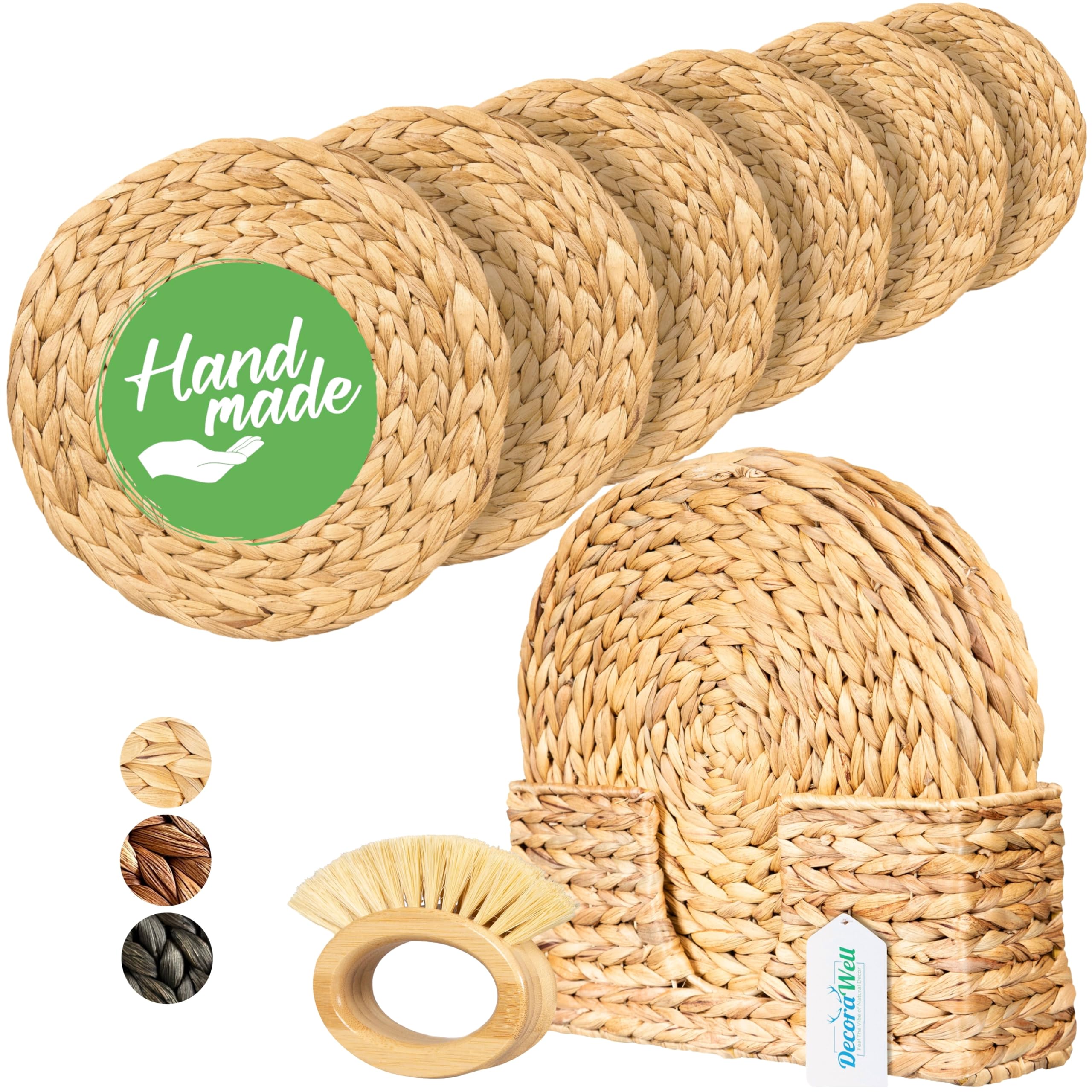 DecoraWell Round Woven Placemats Set of 6 with Bamboo Brush Handmade Wicker Placemats with Holder Rattan Chargers for Dinner Plates Rustic Boho Placemats (Tall Natural 13.5 in)