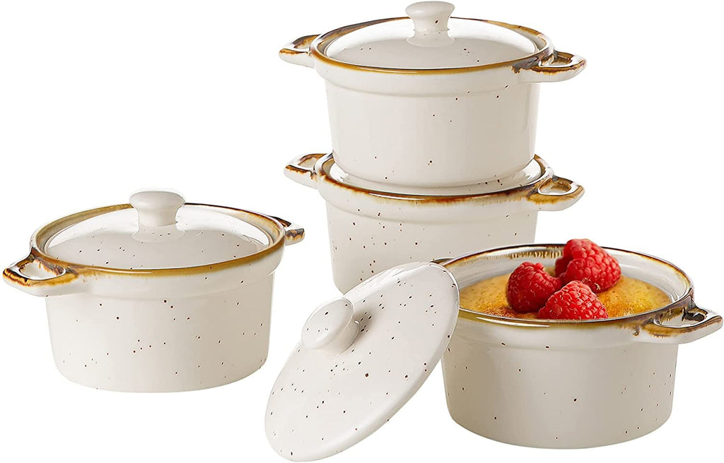 ONEMORE Ramekins with Lids 12 oz Ceramic Small Casserole Dish with Handles & Brown Rim for Baking Soup Speckled Oven Safe Mini Dutch Oven Rustic Cocotte Set of 4 for Individual Serving Creamy White