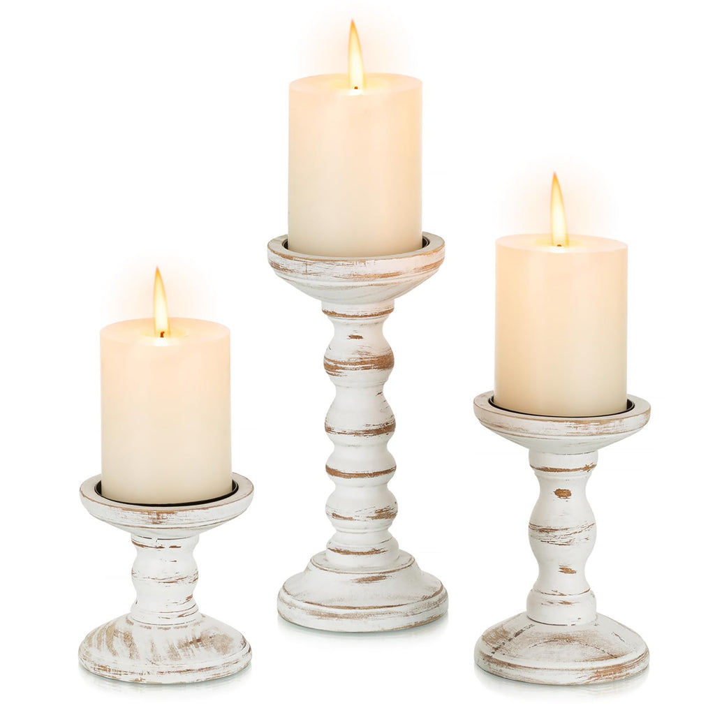 Romadedi Wood Candle Holders for Pillar Candles - Set of 3 Tall Farmhouse Wooden Candlestick Holder Rustic Candle Stand for Fireplace Mantle Shelf Table Home Decor Brown Whitewashed 3.9"/6"/ 8.3"