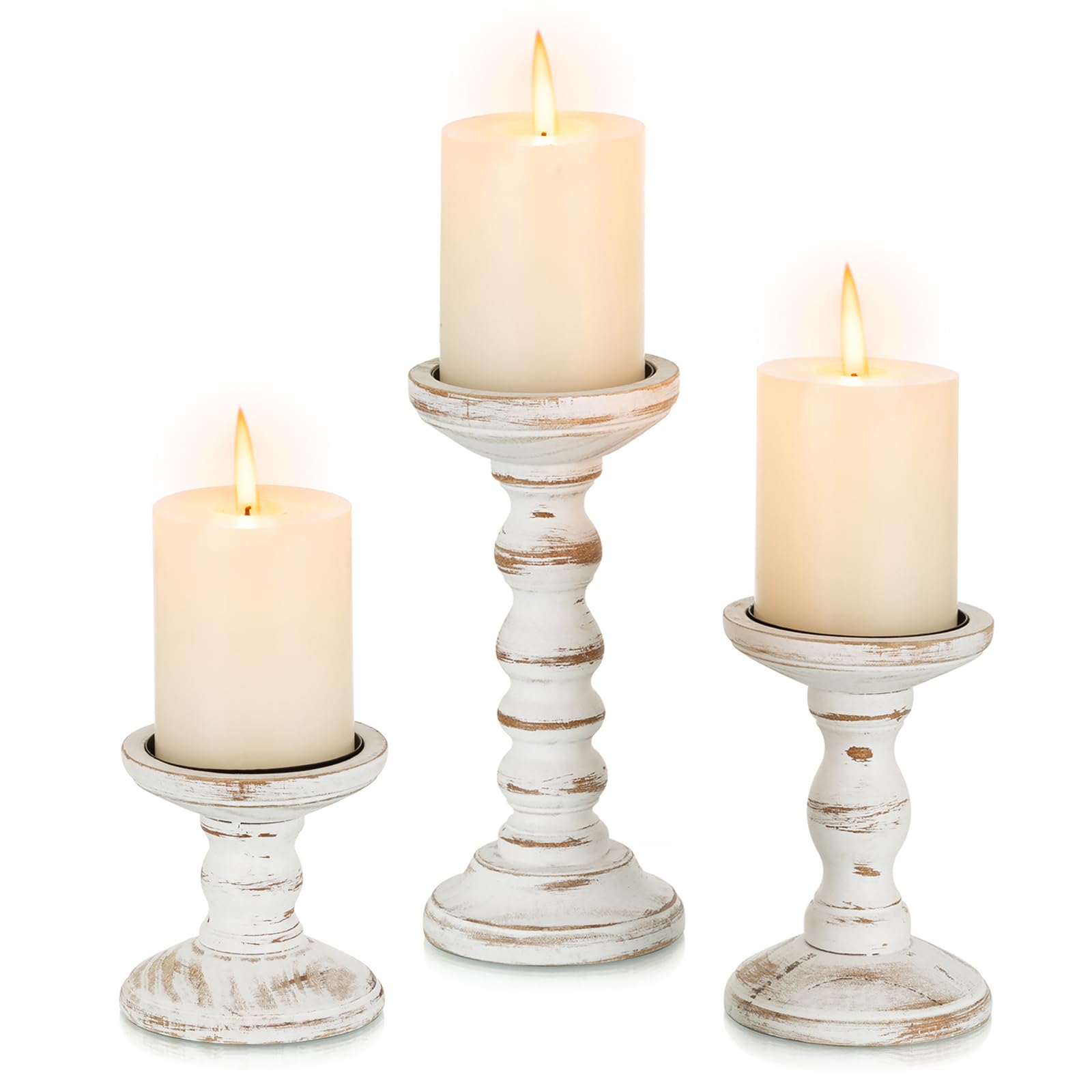 Romadedi Wood Candle Holders for Pillar Candles - Set of 3 Tall Farmhouse Wooden Candlestick Holder Rustic Candle Stand for Fireplace Mantle Shelf Table Home Decor Brown Whitewashed 3.9"/6"/ 8.3"