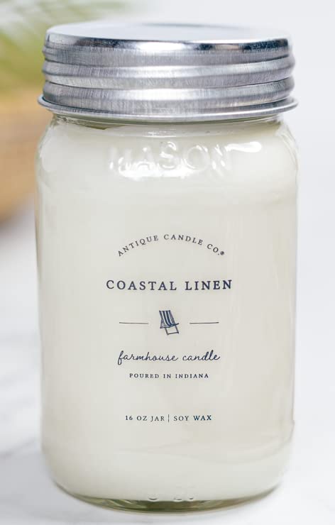 Antique Candle Co.® Coastal Linen 16 Ounce Soy Wax Candle 80 Hour Burn Time Cotton Wick Gift for Mom Mason Jar Candle (Coastal Linen)