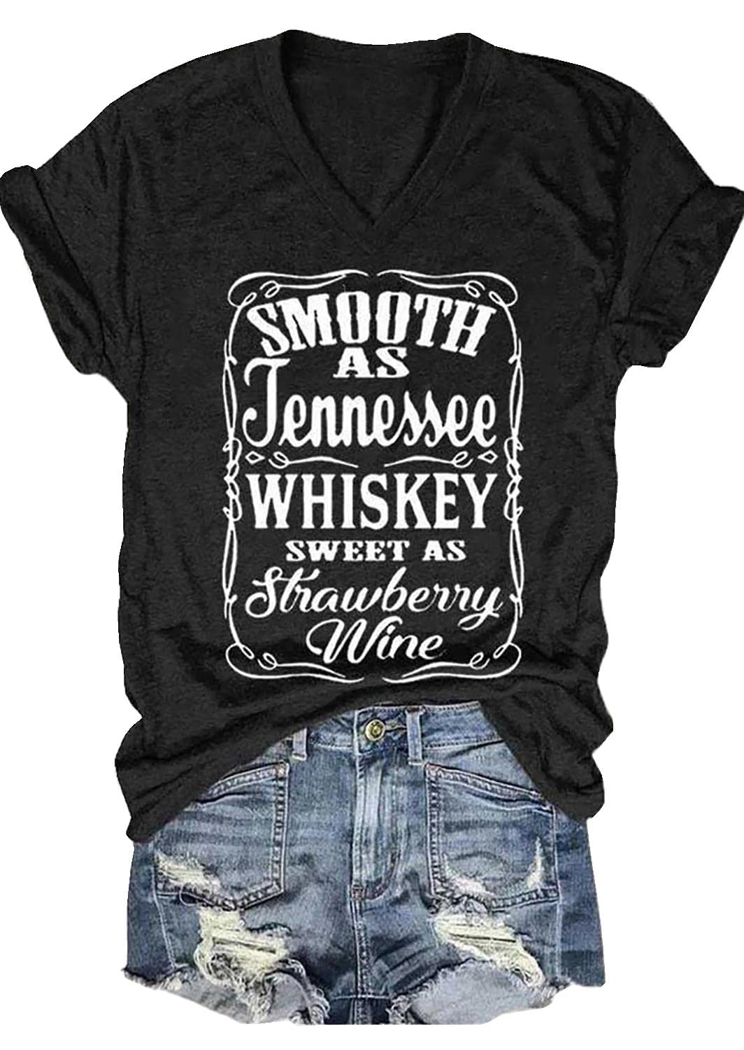 Smooth as Tennessee Sweet as Strawberry T Shirt Women V-Neck Country Music Tee Tops Black Blouse