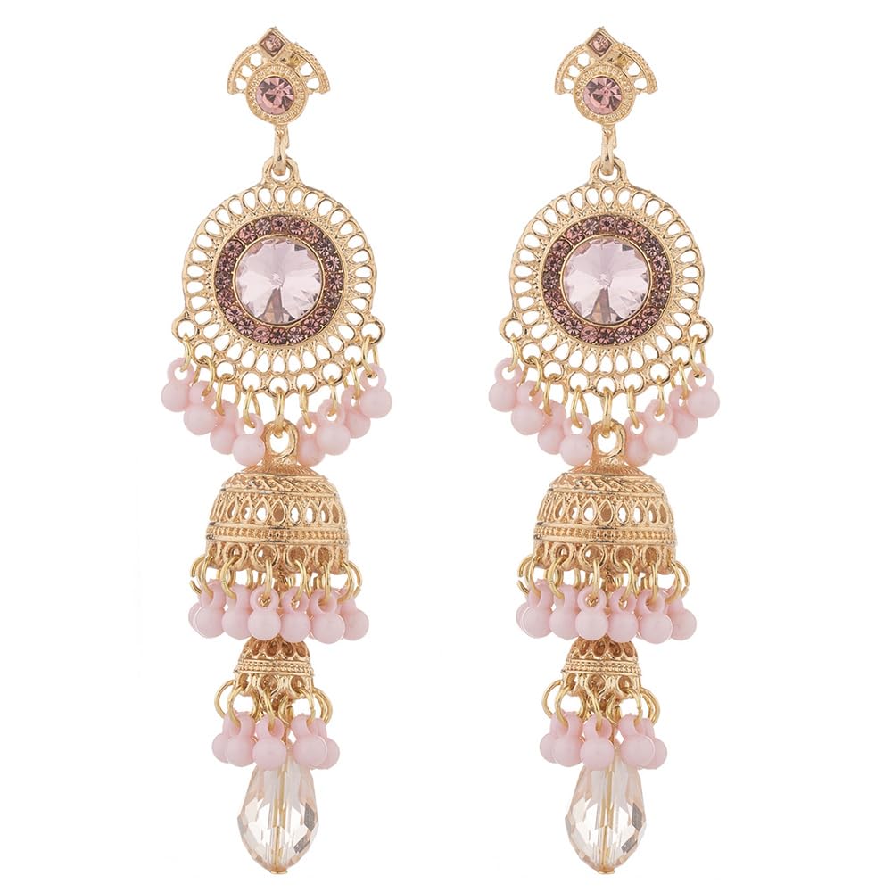 Vintage Jhumka Jhumki Tassel Drop Dangle Earrings Indian Ethnic Beaded Balls Bell Statement Oxidized Antique Traditional Earring for Women Crystal Wedding Party Festival Bohemian Bollywood Jewelry Gift (Pink)