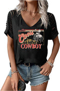 LANMERTREE Cut Out V Neck T Shirts Vintage Cowboys Western Country Rodeo T-Shirt Casual Country Concert T Shirts(Black/CowboyL)