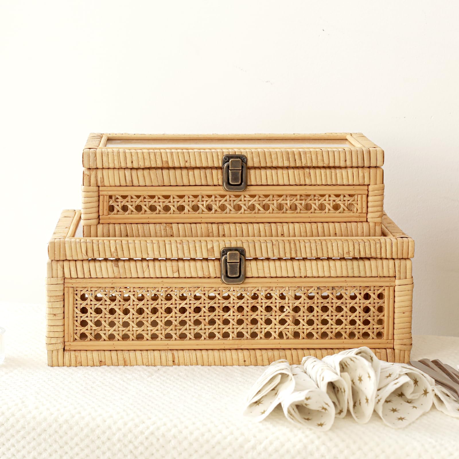 Rattan and Cane Stacking Boxes with Glass Top Lid - Set of 2 for Boho and Rustic Farmhouse Decor