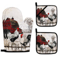 Rooster Print Oven Mitts and Pot Holders Sets of 4 Rustic Chicken Kitchen Mitts Potholders Heat Resistant Farmhouse Cute Oven Gloves Hot Pads for Chicken Kitchen Decor