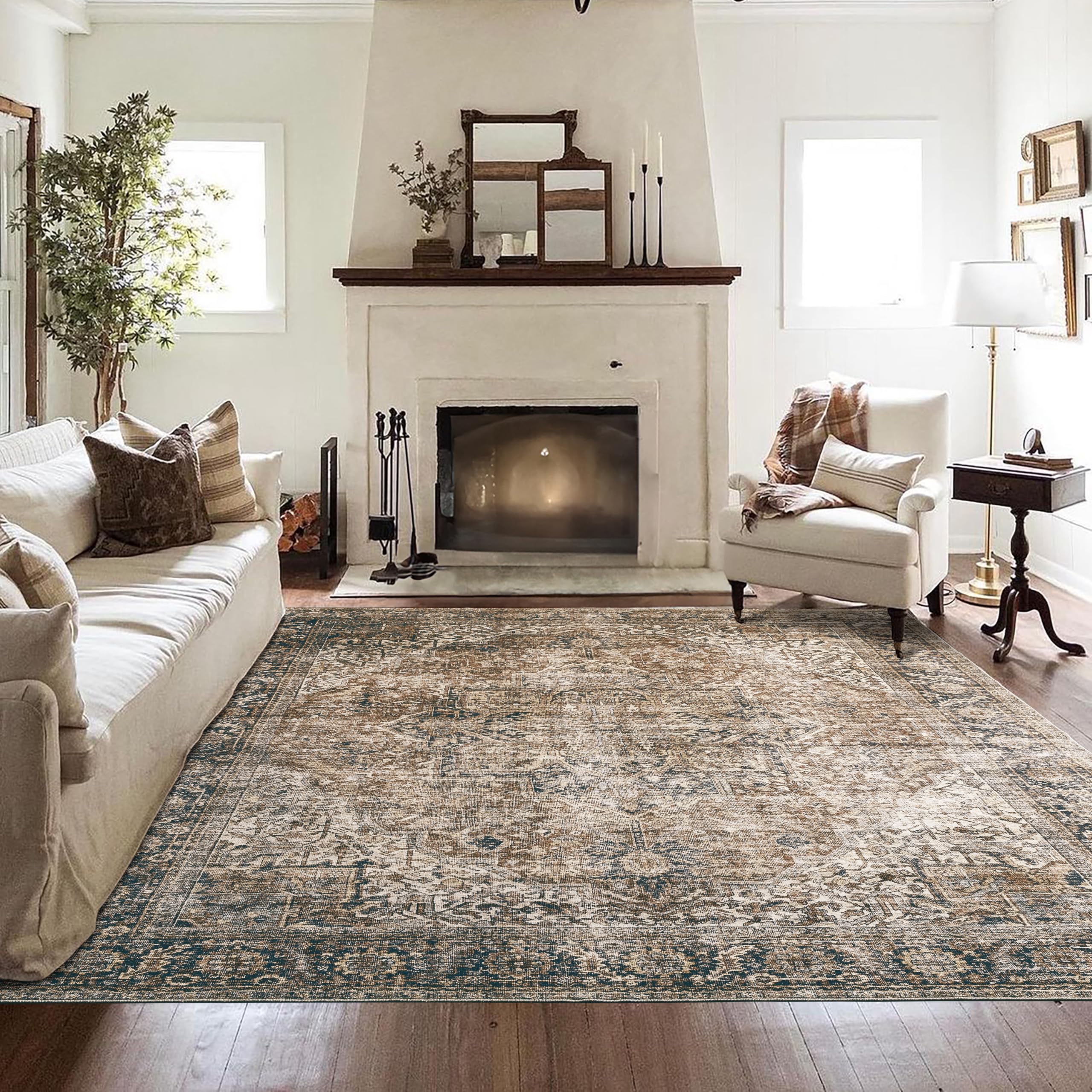 BILEEHOME Dining Room Rugs for Under Table Washable Country Vintage Area Rug for Living Room 6x9Chocolate Brown