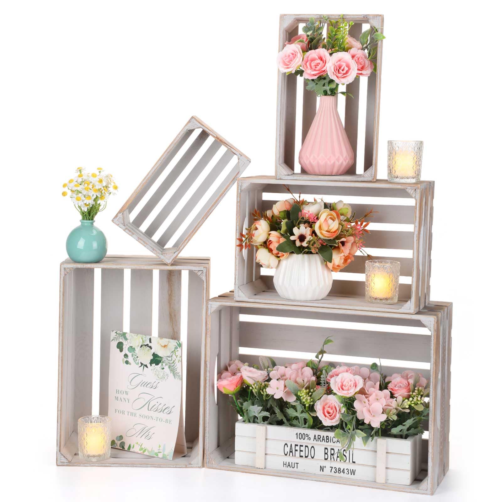 Soaoo 5 Pcs Decorative Nesting Wooden Crates for Storage Display 5 Size Large Small Rustic Wood Decorative Storage Crates with Handle Farmhouse Wood Crate Box Container Made from Pine (Vintage Gray)