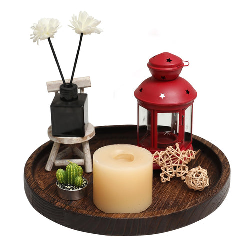 11" Round Wood Serving Tray Coffee Table Farmhouse Kitchen Centerpieces TrayBathroom Counter Decorative Tray Accessories Rustic Wooden Tray for Home Décor Accents Candle Holder Vanity Living Room