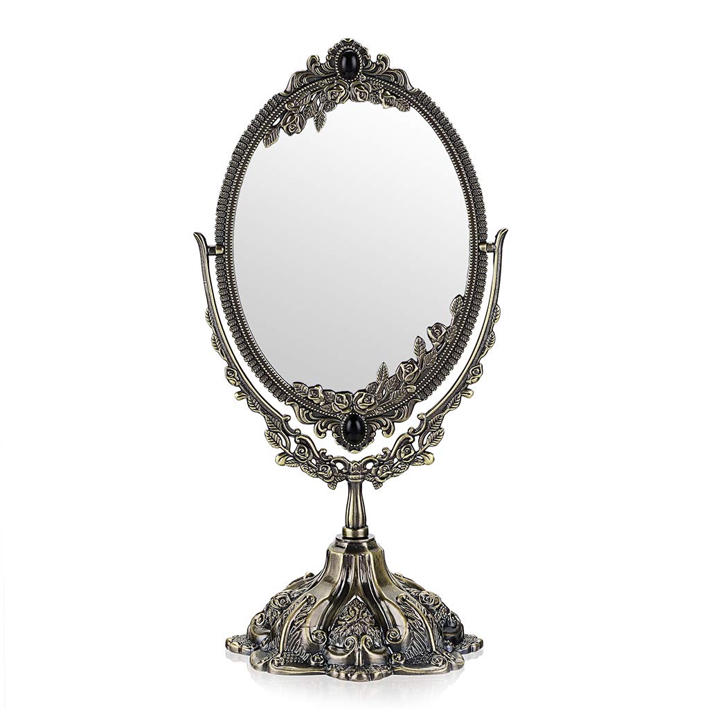 JUXYES Metal Tabletop Antique Decorative Makeup Mirror with Stand Vintage Swivel Double Sided Cosmetic Mirror with Frame Retro Desktop Oval Dressing Mirror for Bathroom Bedroom