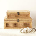 Rattan and Cane Stacking Boxes with Glass Top Lid - Set of 2 for Boho and Rustic Farmhouse Decor