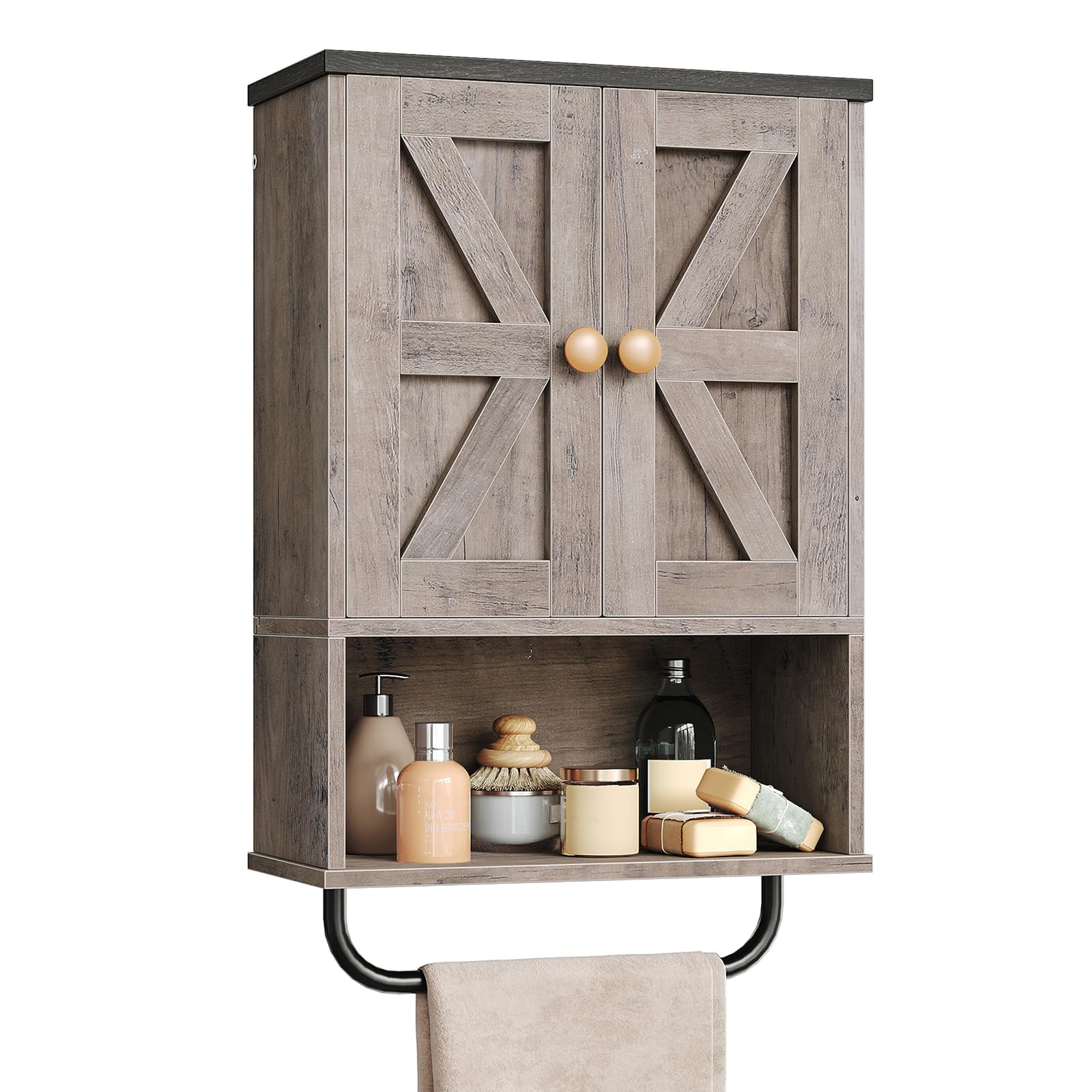 CHOEZON Bathroom Wall Cabinet Medicine Cabinet with Open Partition and Towel Bar Rustic Storage Cabinet with Open and Hidden Storage Space for Bathroom Living Room Greige and Charcoal Black
