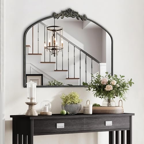 HQiJun Wall Mirror Window Decorative Traditional Mirrors Antique Arched Farmhouse for Living Room Bedroom Entryway Bathroom Vanity 30 * 36 * 1.2Black