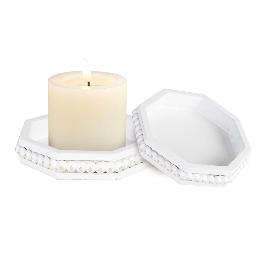 Candle Pedestal for Pillar Candle Set of 2 Rustic Round Wood Tray Beaded Risers Farmhouse Wood Beaded Tray for Tiered Tray Candle Mug Display Decorative Table Centerpiece Antique White