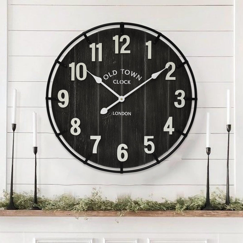 EMAX HOME Large Old Town Farmhouse Wall Clock – 24 Inches Rustic Antique Wood with Metal Circle and Large Numerals Silent Battery Operated Clock for Office Kitchen Bedroom Living Room (Black)