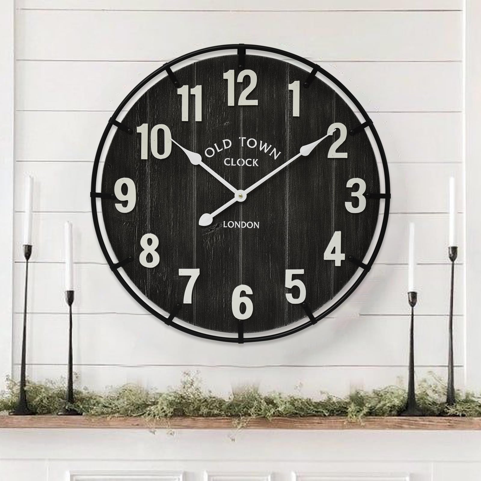 EMAX HOME Large Old Town Farmhouse Wall Clock – 24 Inches Rustic Antique Wood with Metal Circle and Large Numerals Silent Battery Operated Clock for Office Kitchen Bedroom Living Room (Black)