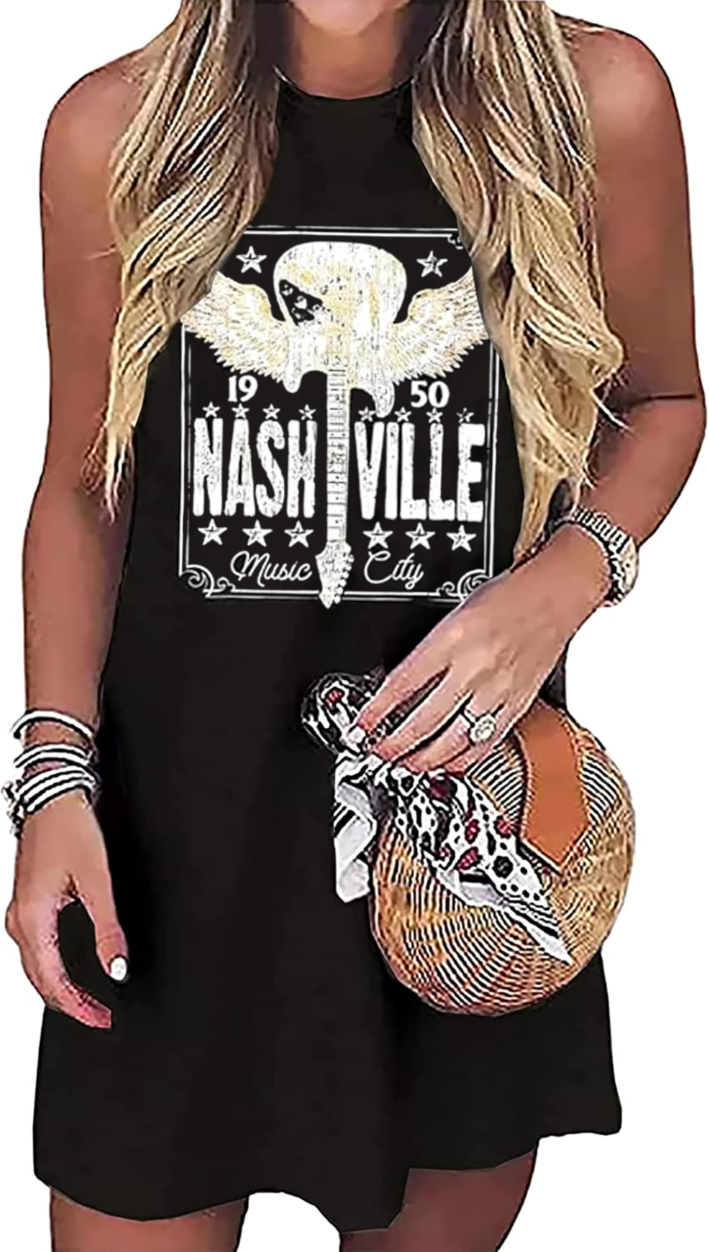 Nashville Music City Mini Dress Women Country Music Rock Band Sleeveless Dress Vintage Guitar Wings Graphic T Shirts Dress(Black4XL)
